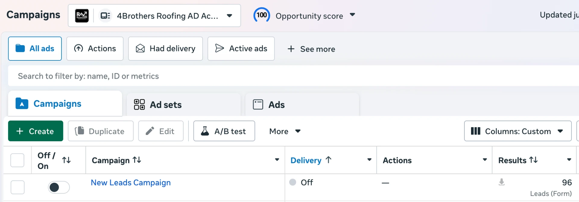 Ad campaign dashboard showing 96 qualified leads for 4 Brothers Roofing & Construction