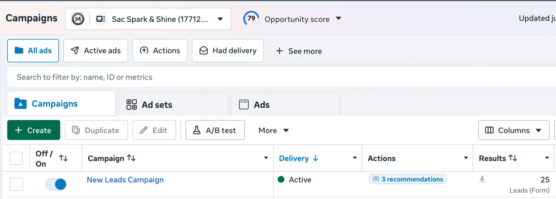 Ad campaign dashboard showing 25 qualified leads for SAC Spark & Shine