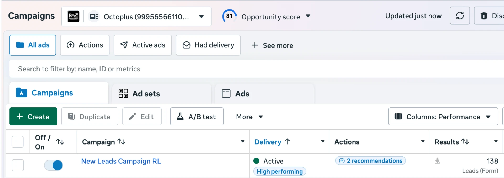 Ad campaign dashboard showing 18 qualified leads for Octopus Moving