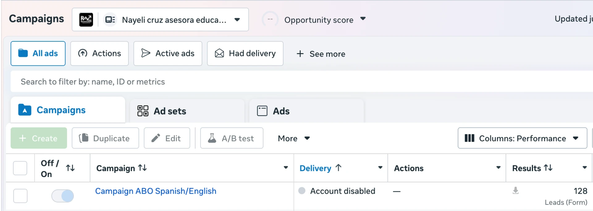 Ad campaign dashboard showing 128 qualified leads for Nayeli Cruz